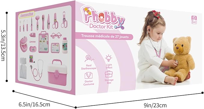 Durable Doctor Kit for Kids, 27 Pcs Deluxe Pretend Play Set Medical Toy with Real Stethoscope for Toddlers Boys Girls Birthday Gift Aged 3 4 5 6 7 8(Pink)