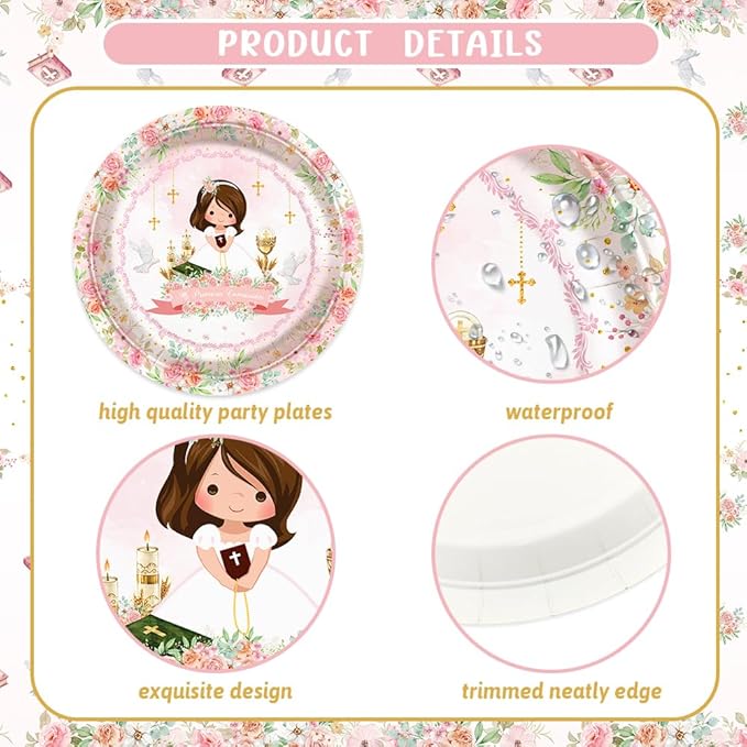 194 Pcs Pink Mi Primera Comunion Party Supplies Decorations for Girl Pink First Holy Communion Party Decorations Disposable Tableware Set with Plates Napkins and Tablecloth Serves 24 Guests