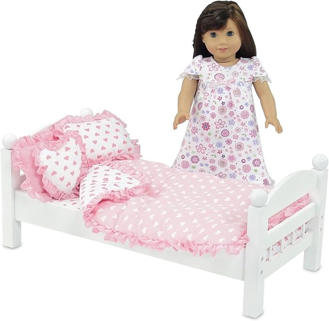 Emily Rose 18" Doll Pink Heart Valentines Bedding Set – 5 Pc Doll Bed Bedding & Bedroom Accessories with Comforter, Pillows & Matress Covering Flat – Fits American Girl, Bunk Beds, Cribs