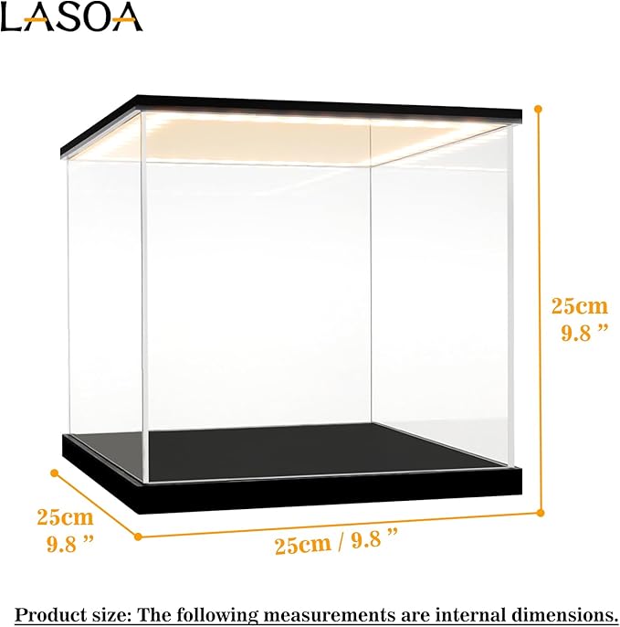 LASOA Acrylic Display Case with Warm Color Changing LED Light, Clear Display Box for Action Figures and Collectibles, Self-Assembly Dustproof Showcase with Black Base, 9.8x9.8x9.8inch