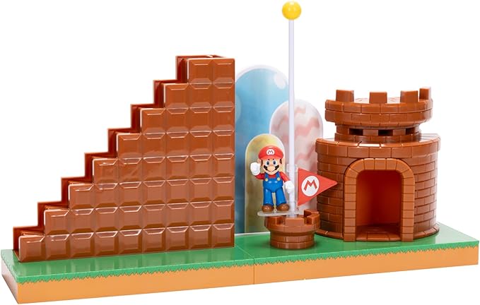 Super Mario Nintendo 2.5" Action Figures Course Complete Playset with Mario Figure, Interactive Stairs, Flagpole, Castle, and Base Platform
