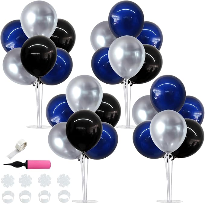 TONIFUL 4 Set Black and Blue Silver Balloon Centerpieces for Table,Balloon Stand Kit for Graduation Decorations 2026,Blue Party Decorations,Retirement,Birthday Decoration for men,Father's Day