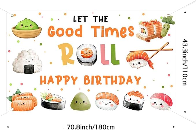 Lofaris Sushi Happy Birthday Banner for Kids – 70.8 x 43.3 Inch Kawaii Sushi Party Supplies, Japanese Themed Decorations for Kids’ Birthday Party, Asian Rice Roll & Sushi Go Party Décor