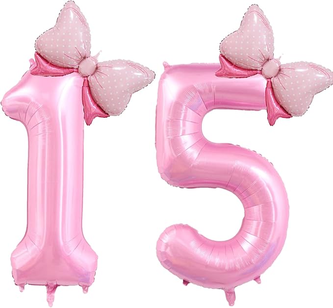 40 inch Number 15 Balloon with Bow Pink Happy Birthday Jumbo Number Balloons for Girls Daughter Birthday Decorations Party Supplies (Pink Number 15)