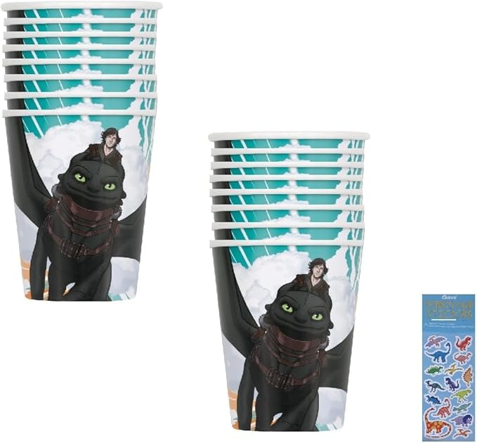 Unique How to Train Your Dragon Birthday Party Supplies Bundle Pack includes Party Paper Cups - 16 Count and 1 Dinosaur Sticker Sheet