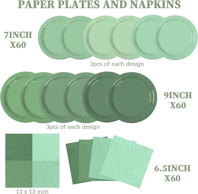 180pcs Sage Green Paper Plates and Napkins Set,Sage Green Baby Shower Decorations,for Birthday Wedding Bridal Baby Shower Party Supplies, Serve 60