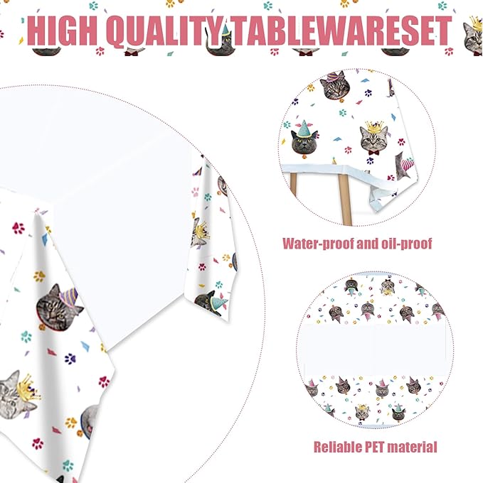 122Pcs Cat Themed Party Supplies for Birthday Party Pet Party Cat Bairthday Decorations Inculde Plates Desserts Plates Napkins Knives Forks Spoons Tablecover Banner Serve 20