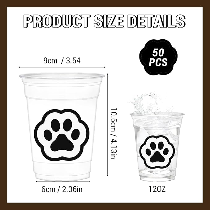 50pcs Paw Print Cups, 12 Oz Dog Paw Plastic Cups for Baby Shower Birthday Party Supplies Birthday Graduation Events