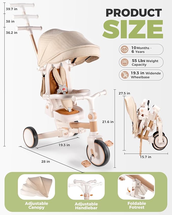 7-in-1 Tricycle for Toddlers 1-3 Years, Foldable Baby Trike Stroller with Steering Push Handle, Gift for Boys Girls 12 Months to 6 Years- Brown