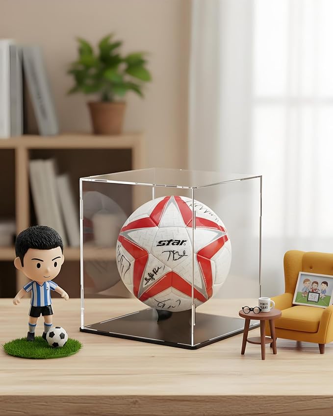 Soccer Ball Display Case,Self-Assembly Acrylic Display Case,Deluxe Dustproof Showcase,Cube Countertop Box for Pop Figures Collectibles,Basketball Volleyball Display Case(10x10x12 inch; 25x25x30cm)