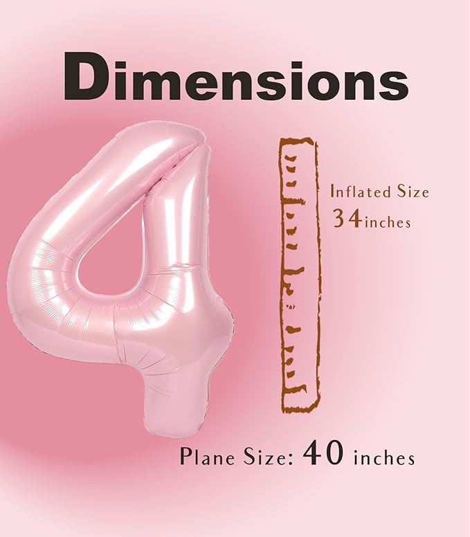SUWEN 40 Inch Pink Large 4 Number Balloons Big Foil Helium Number Balloons 0-9 Jumbo Happy 4th Mylar Birthday Party Decorations for Girl Anniversary Party Supplies