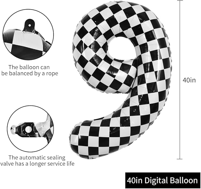 TONIFUL 40 Inch Checkered Number 9 Balloon 9th Race Car Birthday Party Supplies Black and White Large Number Balloon for Girls Boys 9th Birthday Fast Race Car Flag Party Decorations