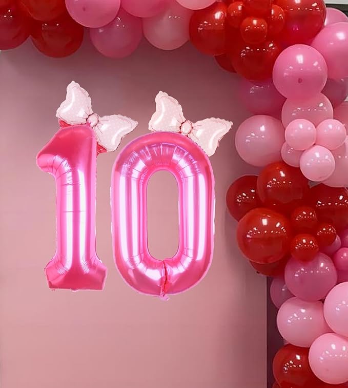 40 Inch Pink Number 10 Balloon with Mini Bow Balloon for Girls 10th Birthday Party Decorations, Pink Princess Western Cowgirl Theme Sweet Ten Birthday Party Balloons Decorations Supplies Favors