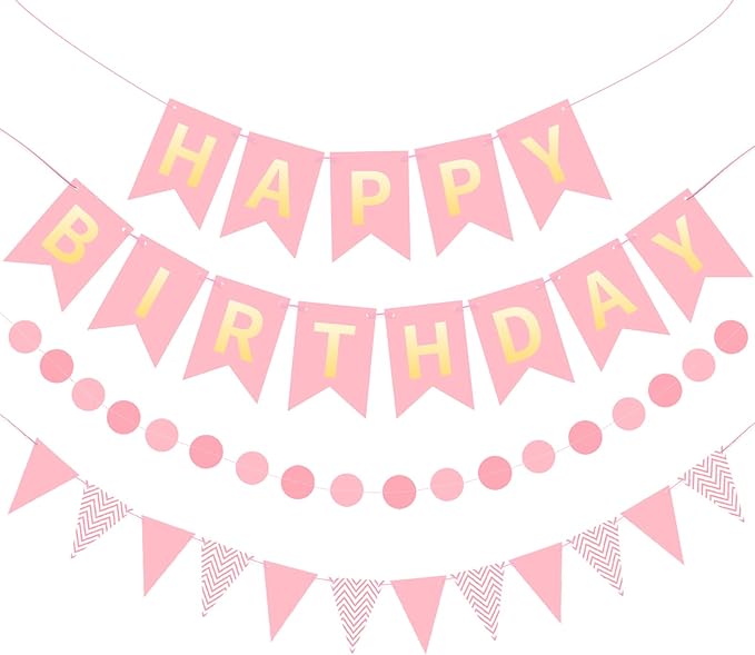 Pink Gold Happy Birthday Banner, Happy Birthday Decorations Hanging Birthday Sign Circle Dot Triangle Bunting for Women Men Girl Boy Party Supplies