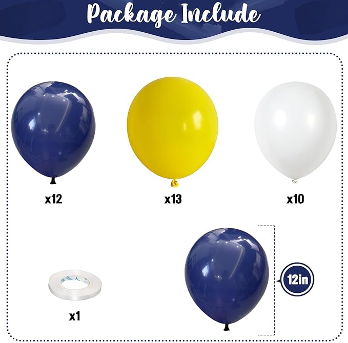 Navy Blue Yellow White Balloons, 12 Inch Navy Yellow Party Dark Yellow Latex Balloons Set for Boys Men Birthday Wedding Baby Shower Graduation Anniversary Decorations Is-02