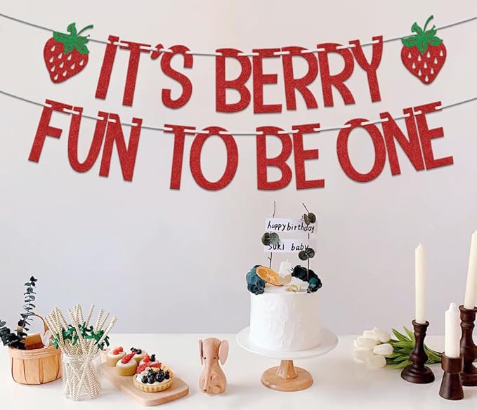 It's Berry Fun to be One Banner, Strawberry 1st Birthday Decorations, Berry Sweet Baby Shower Decoration, First Baby Girls One Year Old Birthday Party Supplies Red Green