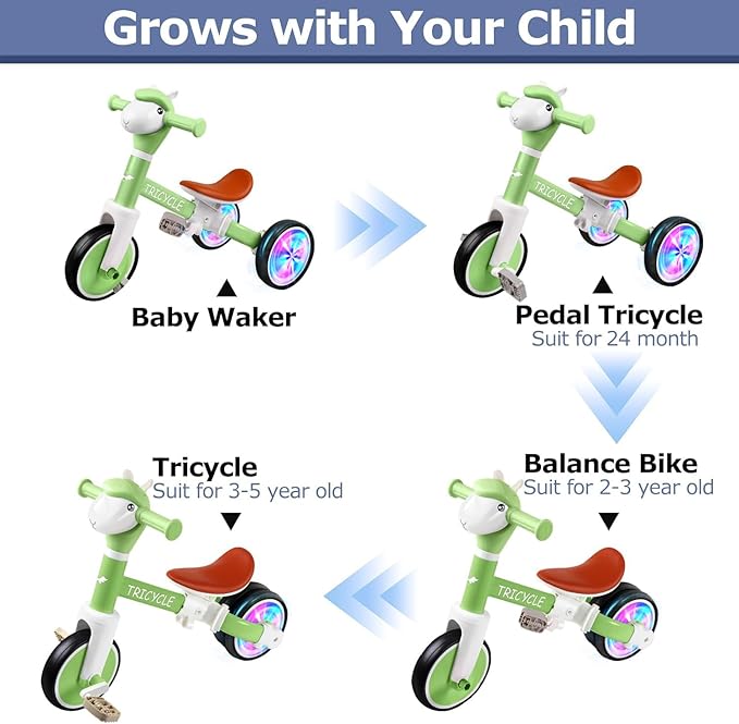 Toddler Balance Bike for Boys Girls, Tricycle for Toddlers 1-5 Year Olds, Toddler Tricycle with Light & Music Front, Kids Bicycle with Removable Pedal, Birthday Gifts for Kids (Flash Wheel Green)