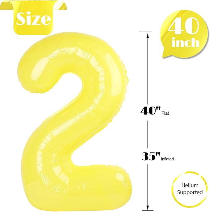 Yellow 2 Balloon, Number Balloons 40 Inch, 2nd Balloon Number Birthday Decorations, Second Two Birthday Party Supplies, Number 2 Balloon
