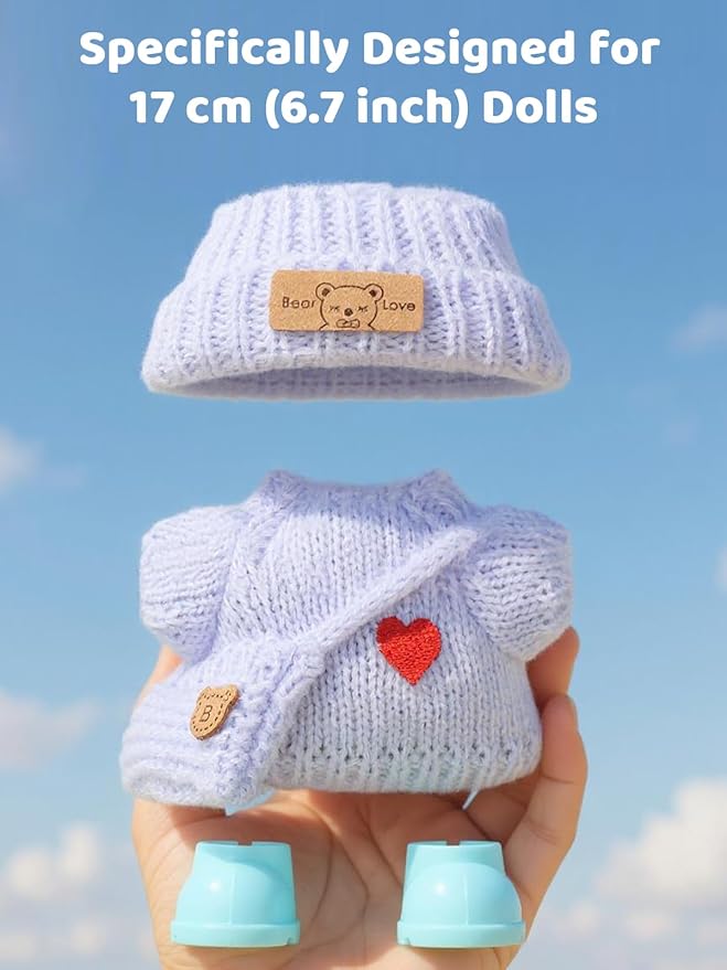 2026 New Crochet Doll Clothes Set for 17cm (6.7 inch) Dolls - 4 Piece Outfit with Hat, Dress, Backpack & Shoes - Cute & Stylish Accessories for, Light Blue (Doll Not Included)