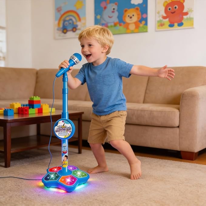 2026 New Star Microphone with Stand, Built-in Music & Colorful Lights, Echo Effects Portable Karaoke Machine, Kid-Friendly Singing Toy for Music Play (Blue)