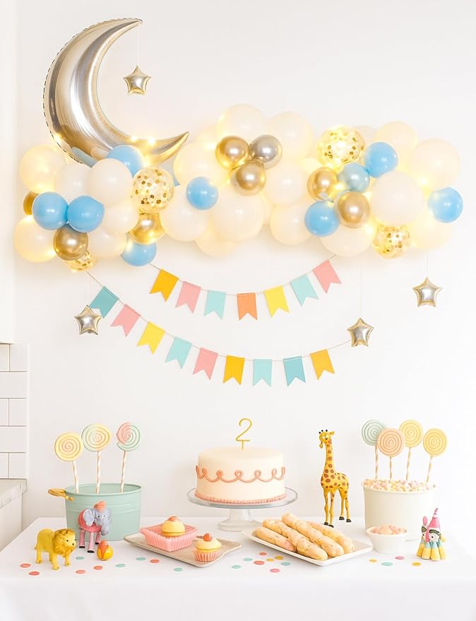 Blue White and Silver Balloons - Over The Moon Baby Shower Decorations with String Lights, Moon and Star Balloon for Boys Girls Twinkle Twinkle Little Star Gender Reveal Decorations