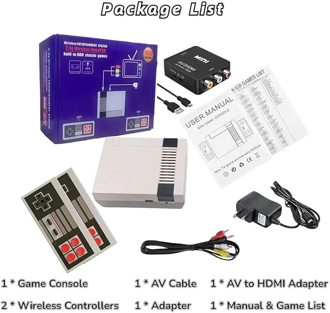 Classic Mini Retro Game Console Built in 620 Video Games,Av and HDMI Output Plug and Play Game System with Dual Wireless Controllers.
