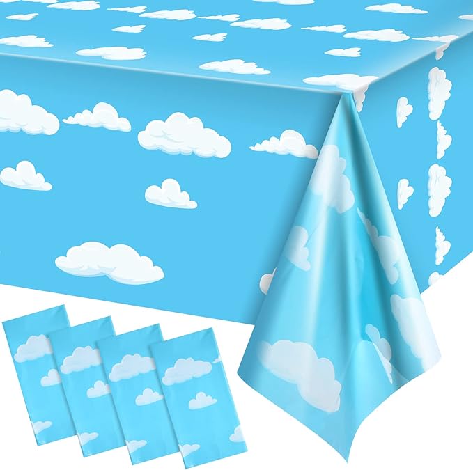 Tatuo Blue Sky White Clouds Birthday Party Supplies Cartoon Story Tablecloth Party Table Cover Cartoon Table Banner for Birthday Decorations, 54 x 108 Inch(4 Pieces)