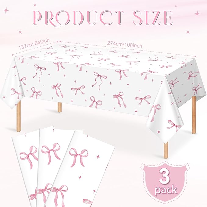 3Pcs Coquette Party Tablecloths Decorations,Pink Bow Plastic Table Cover Disposable Rectangle Table Cloth for Girls Birthday Bridal Wedding Party Supplies,54x108 Inch