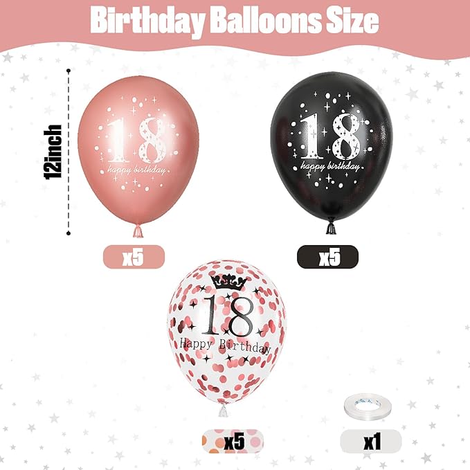 Rose Gold Black 18th Birthday Decorations for Girls, 15Pcs Happy 18th Birthday Helium Latex Balloons, Black Rose Gold Confetti 18th Balloons for Girls Age 18 Years Old Birthday Party Decor Supplies