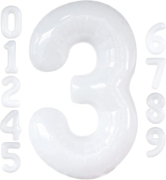 Large, Number 3 Balloon White - 40 Inch | Foil 3 Balloon Number for Black and White Happy Birthday Decorations | 3 Year Old Balloon for Party | Mylar 3 Balloon for 3rd Birthday Decorations for Girls