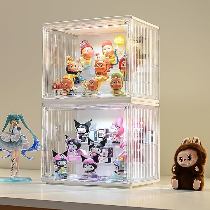 Clear Acrylic Display Case for Figures, Dustproof Figurine Storage Box with LED Lighting, Collectibles Showcase Cabinet for Anime Toys & Miniatures, Stackable Organizer for Desk & Room Decor
