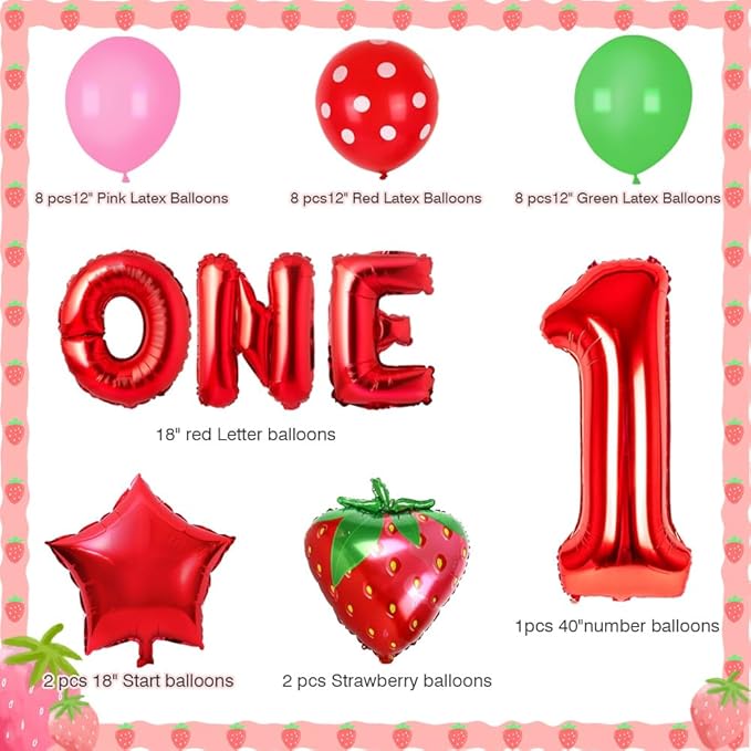 Strawberry Balloons, 1st Strawberry Birthday Decoration with Number One Balloon Letter ONE Star Pink Green Balloon For Strawberry First Birthday Party Supplies
