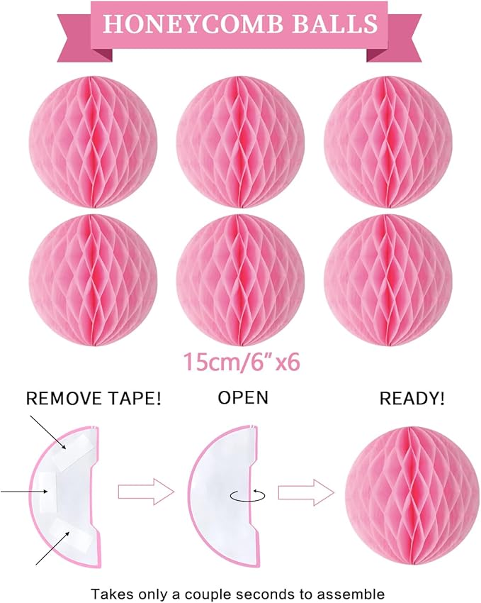 Pink Birthday Decorations Kit - 16-Piece Set with Pre-Strung Happy Birthday Banner, Honeycomb Balls, Garland & Swirls | Pink Theme Party Supplies for Women Girls Kids, Teens Adults