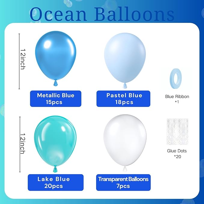 Ocean Balloons, 60pcs 12 Inch Turquoise Balloon Transparent Balloons Metallic Blue Teal Blue Balloon for Under the Sea Party Baby Shower Wedding Shark Party Decorations