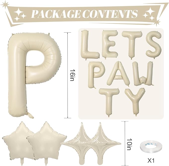 Lets Pawty Balloons Banner 16 Inch,Beige Dog Birthday Decorations with 4pcs 10 Inch Star Balloons,Paw Foil Letter Balloon for Dogs Paw Pet Puppy Theme Party Supplies