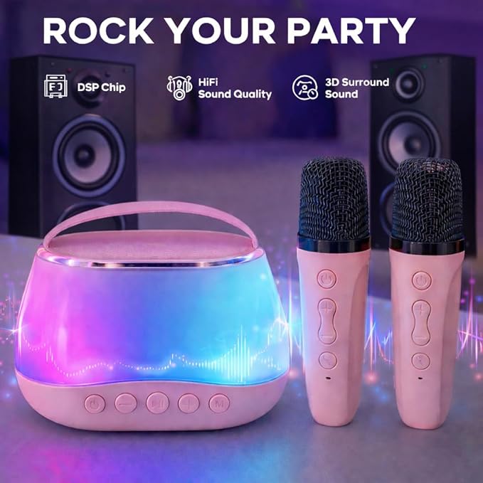 Kids Karaoke Machine with 2 Wireless Microphones, Bluetooth Speaker with Voice Changer & LED Lights, Portable Singing Toy Gift for Boys & Girls Ages 3–12