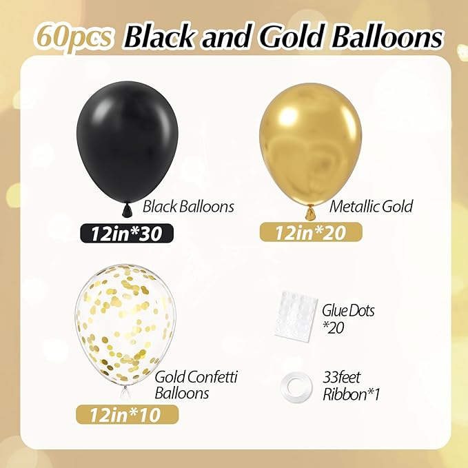 Black and Gold Balloons, 60pcs 12inch Black Metallic Gold Confetti Balloons for Graduation 2025 Anniversary Birthday Party Decorations