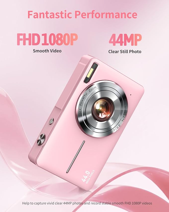 Digital Camera, FHD 1080P Point and Shoot Kids Camera, with 32GB Card, 2 Batteries, 16X Zoom Anti Shake Date Stamp, Compact Portable Small, for Starter Kid Children Teen Student Girl Boy(Pink)