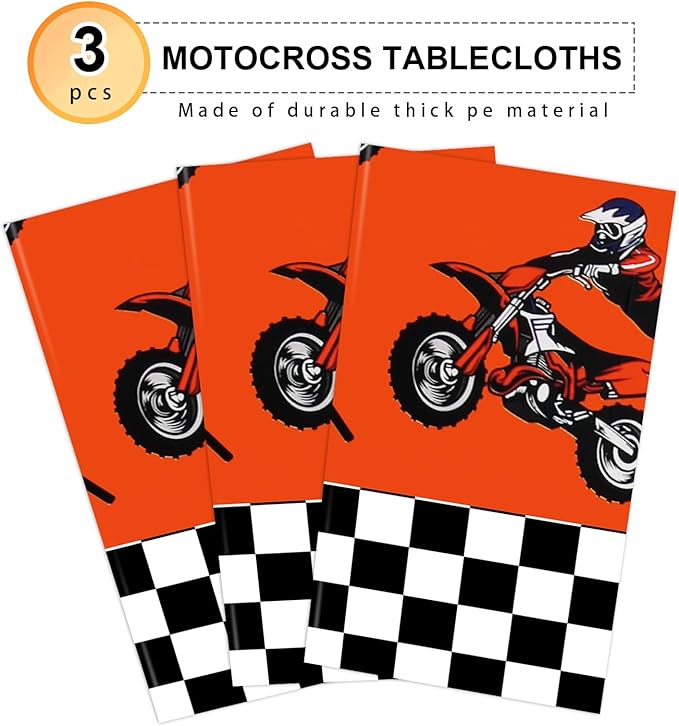 PHOGARY 3pcs Dirt Bike Table Cloth for Boys Men Birthday Party Decorations, Checkered Racing Motorcycle Disposable Plastic Rectangular Table Covers Motocross Moto Theme Party Favors Supplies 51x86Inch