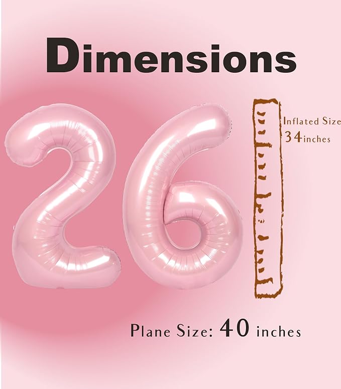 SUWEN 40 Inch Pink Large 26 Number Balloons Big Foil Helium Number Balloons 0-9 Jumbo Happy 26th Mylar Birthday Party Decorations for Girl or Women 62 Anniversary Party Supplies