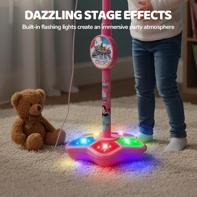 Karaoke Star Machine with Light, 2026 Upgrade Star Microphone with Stand, All in One Funny Karaoke Microphones with Adjustable Stand for All Ages, Birthday Gifts (not Included adeapter Cable) (Pink)