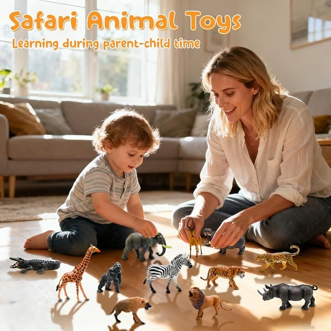 BOLZRA 65PCS Safari Animals Figures Toys, Realistic Plastic Jungle Zoo Wild Animals with Fence Building Blocks Storage Box Christmas Birthday Gift for Kids 3-8