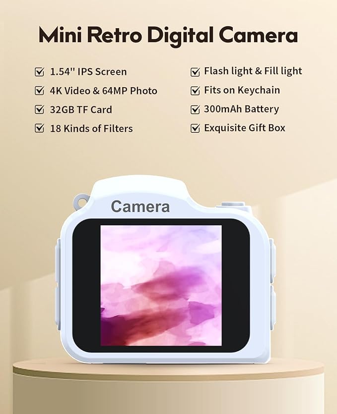 FLATIC Mini Keychain Camera –4K Mini Camera with 32GB Card & Elegant Gift Box, Mini Retro Camera for Kids & Adults, Collectible Vintage Camera Gift for Travel Camp Snap