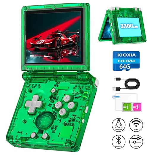 RG35XXSP Portable Flip Retro Handheld Game Console Linux System 3.5 '' IPS Screen Built-in 64G TF Card Pre-Installed 5532 Games RG35XX SP Clamshell Games Console Supports 5G WiFi Bluetooth HDMI Green