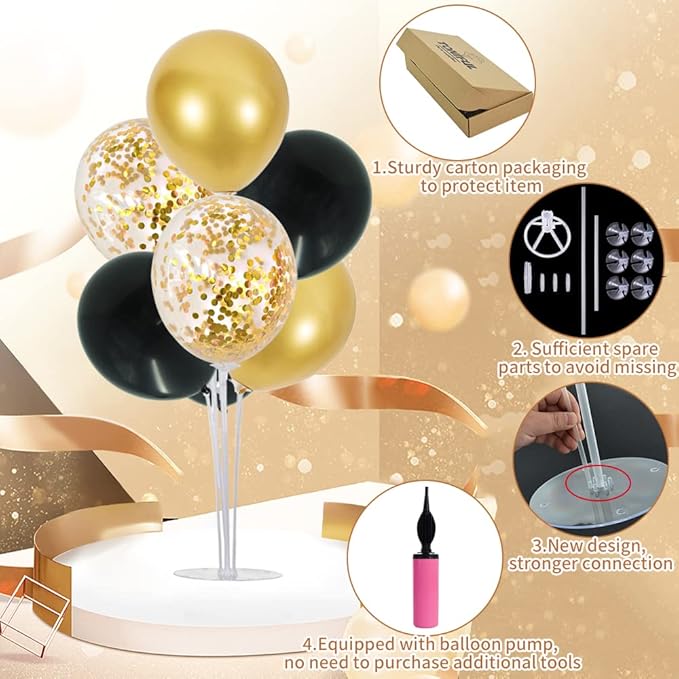 TONIFUL 6 Set Balloon Centerpieces for Table,Black Gold Balloon Stand Kit for 2026 Graduation Decorations 40th 50th 60th 70th Birthday Anniversary Retirement New Year 2026 Party Decorations