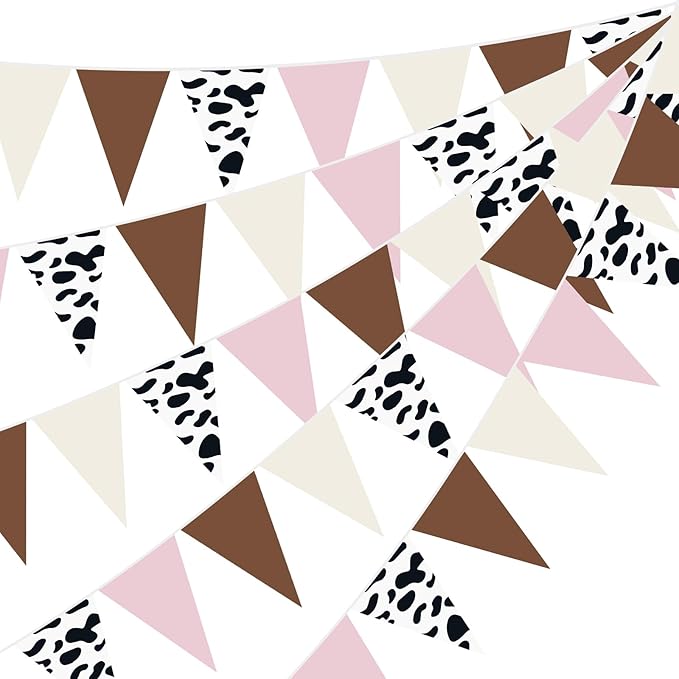 Pasimy 5 Pcs Cowgirl Party Decorations Western Cowgirl Triangle Flag Banner Pennant Pink Brown Cow Print Hanging Flag Banner for Girl First Birthday Farm Baby Shower Party Decorations