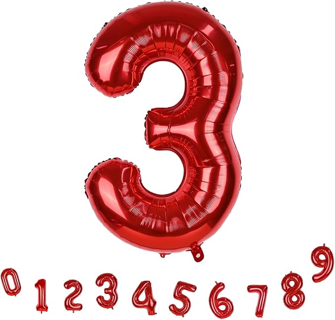 3rd Birthday Number Balloons for Girls Kids, 40 Inch Red Number Balloons 3 Large for 3rd 30th Birthday Party Decorations, Self Inflating Balloons Anniversary Graduation Party Decor Men Supplies