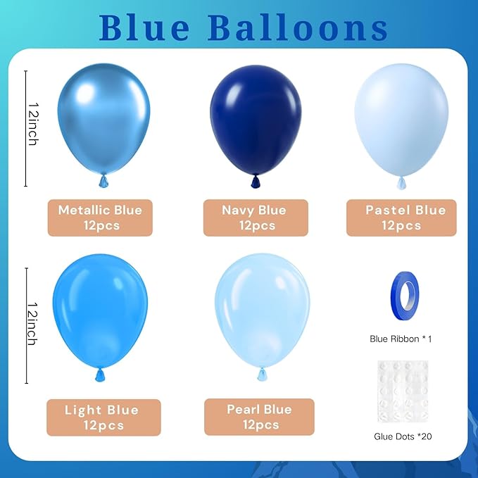 Blue Balloons Metallic Blue Balloon, 60pcs 12 Inch Chrome Baby Pearl Blue Balloons Navy Latex Balloon for Baby Shower Graduation Birthday Party Decorations