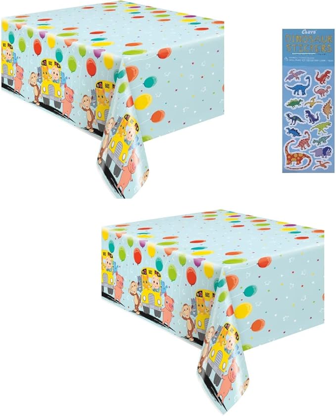 Cocomelon Birthday Party Supplies Decoration Bundle Pack Includes 2 Rectangular Plastic Table Covers and 1 Dinosaur Sticker Sheet
