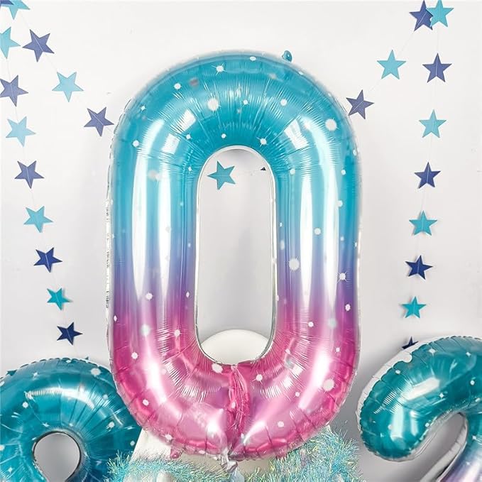 Mermaid Number 0 Balloons 40 Inch, Large Purple Teal Rainbow Number Balloons 0-9 Set, Starry 0 Mylar Foil Balloon Numbers for Girls Women Baby Shower Birthday Graduation Anniversary Party Decorations